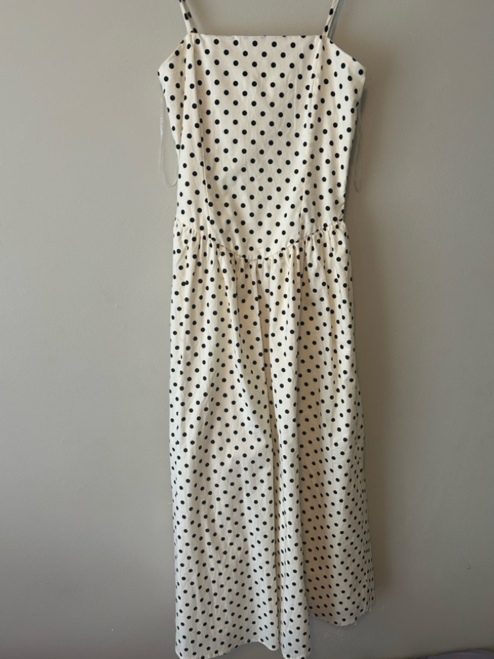 Cream Polka Dot Midi Dress with Spaghetti Straps